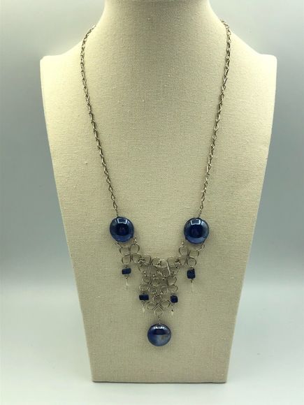 VINTAGE Silver Tone & Blue Floral Bib Necklace Retro Statement Pretty Festival - Picture 6 of 15